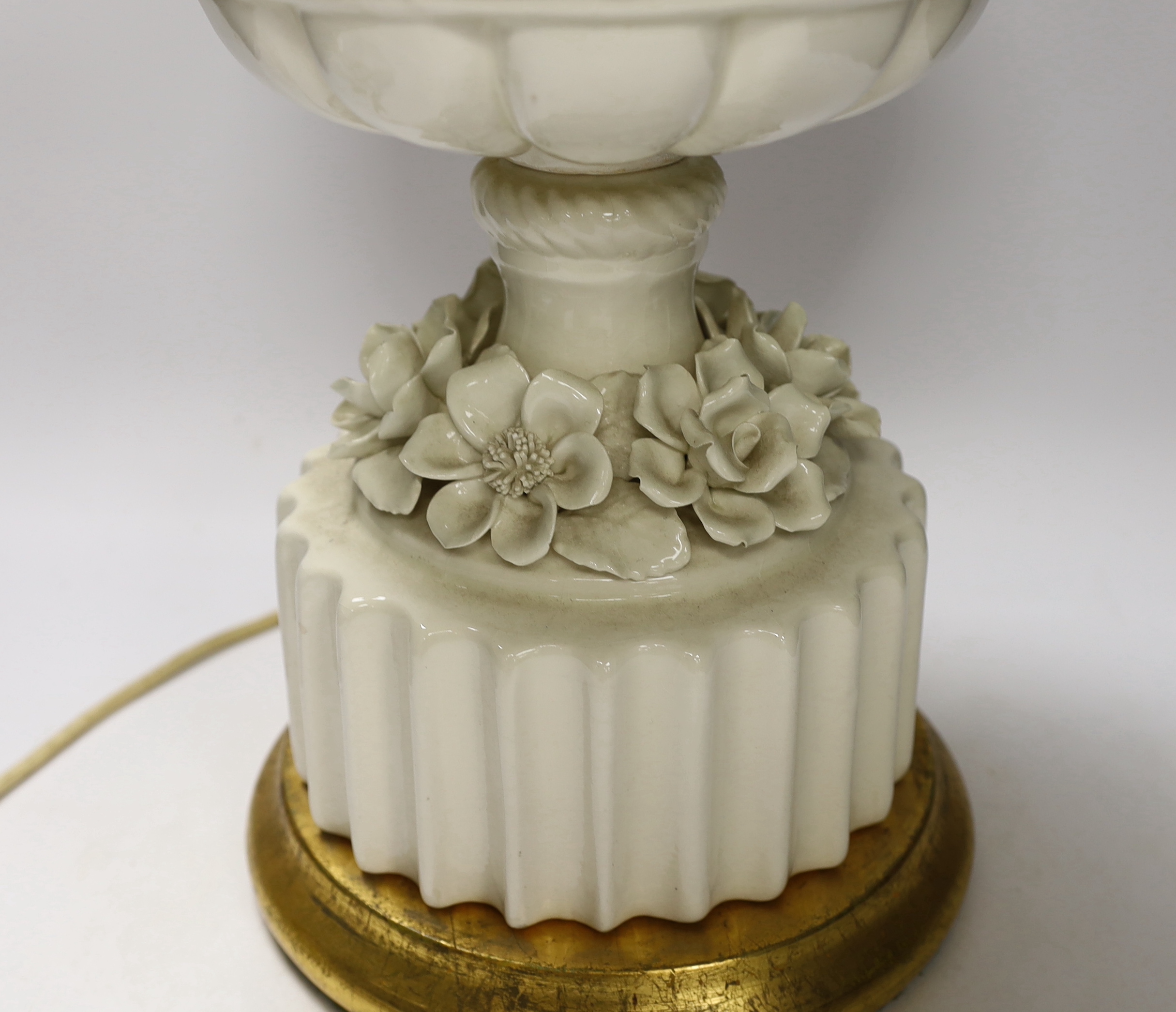 A large floral column table lamp on circular gilt base, 64cm high including the fitting